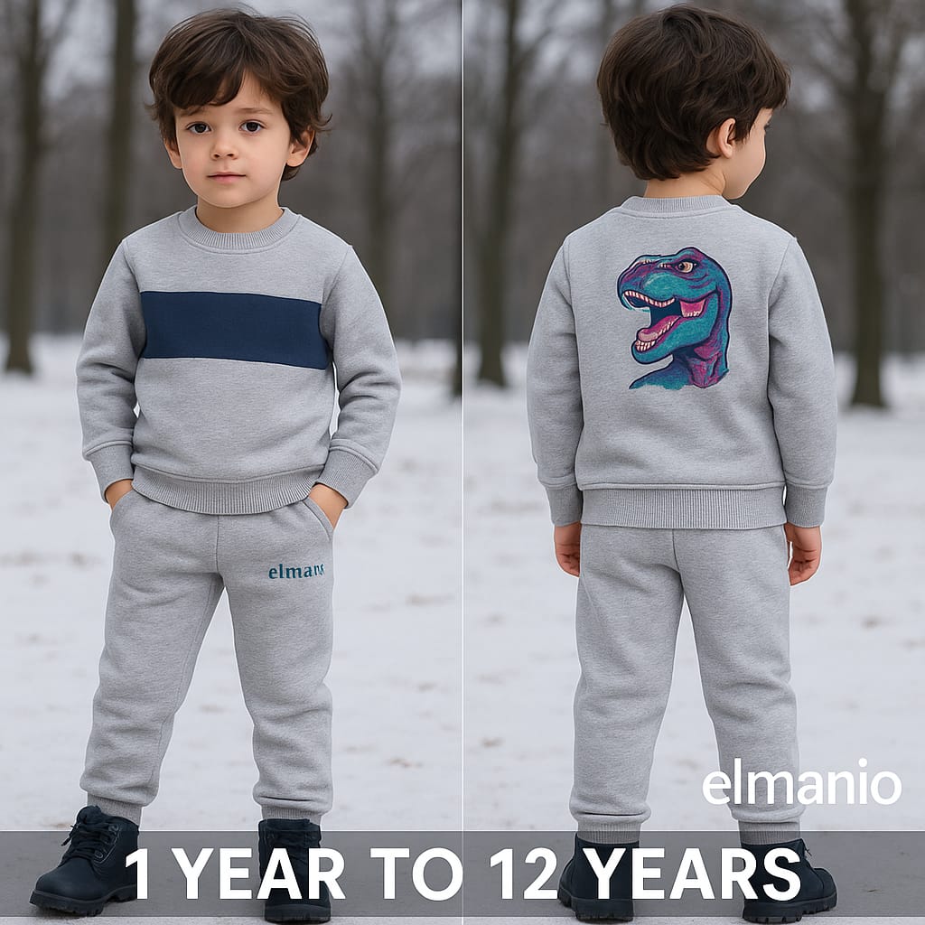 Child wearing a gray sweatshirt and pants set with a dinosaur design, standing in a snowy landscape.