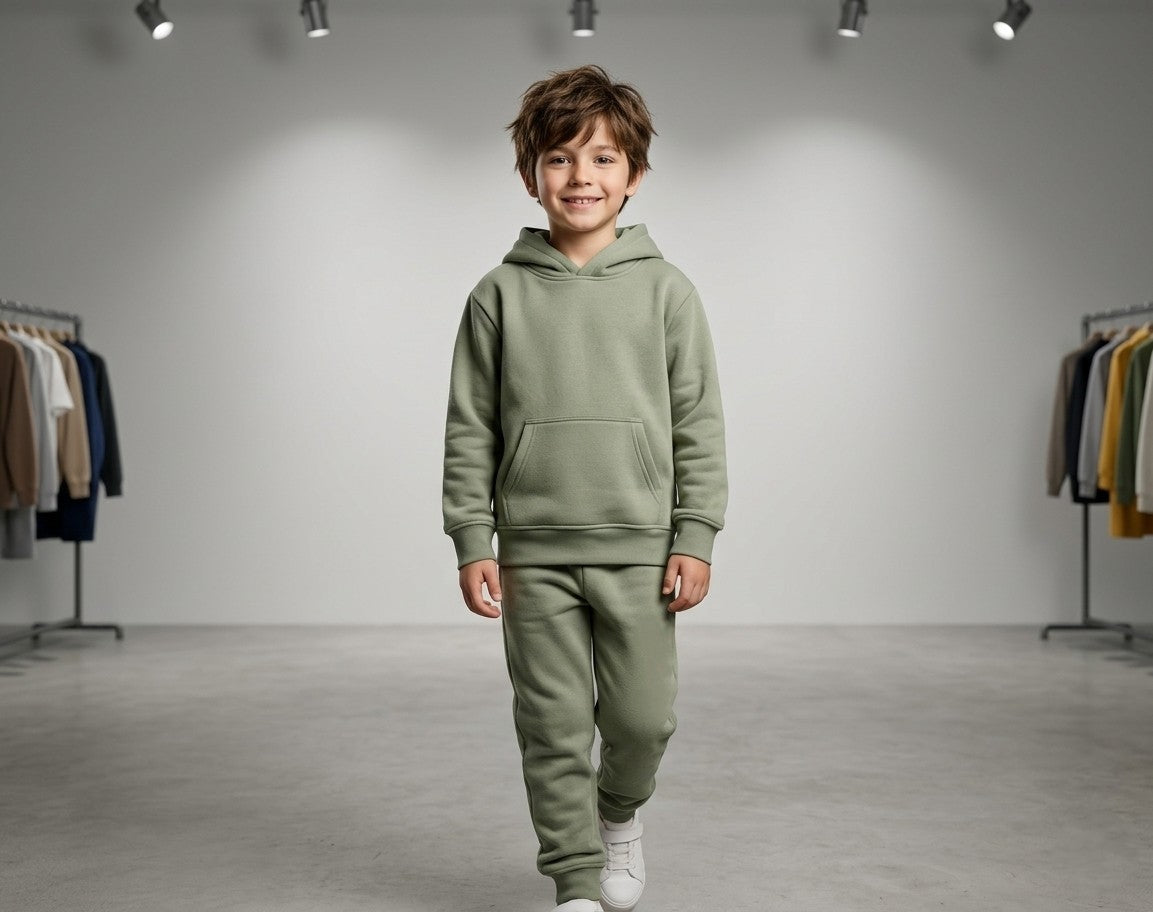 Premium Kids Heavyweight Terry Fleece Tracksuit OLIVE GREEN HOODIE SETS