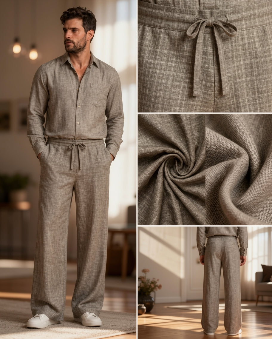A man modeling a light brown linen two-piece lounge set with a long-sleeve button-up shirt and matching drawstring trousers, shown alongside close-up detail panels of the fabric texture and waist tie.