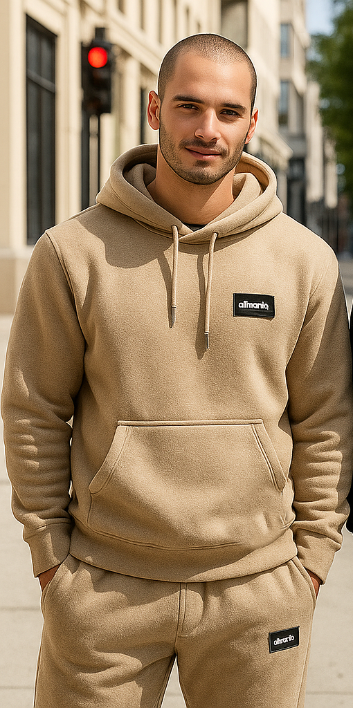 Men’s Terry Fleece Drop Shoulder Hoodie Set – Beige & Black (400 GSM, M–XL) - El Manio