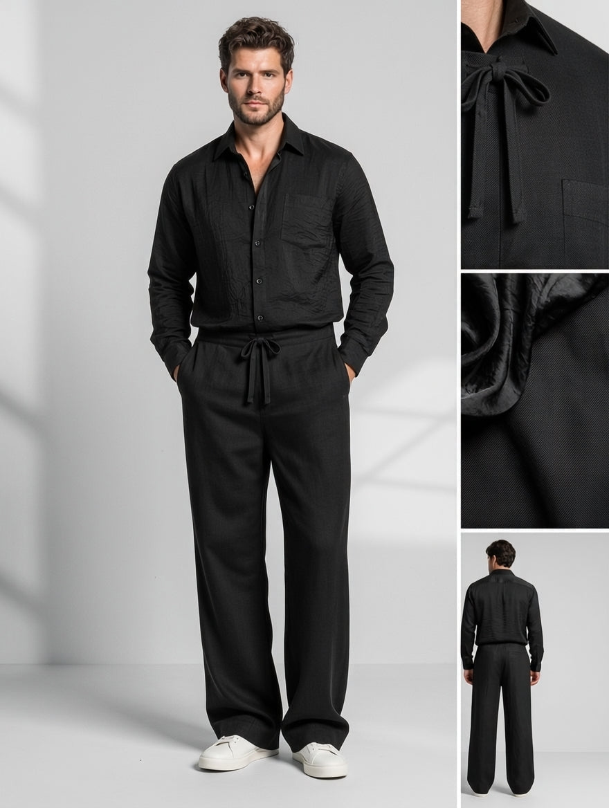 A man modeling a black long-sleeve button-up shirt and matching wide-leg drawstring pants set, shown in a studio with inset close-up detail panels of the shirt collar, fabric texture, and back view.