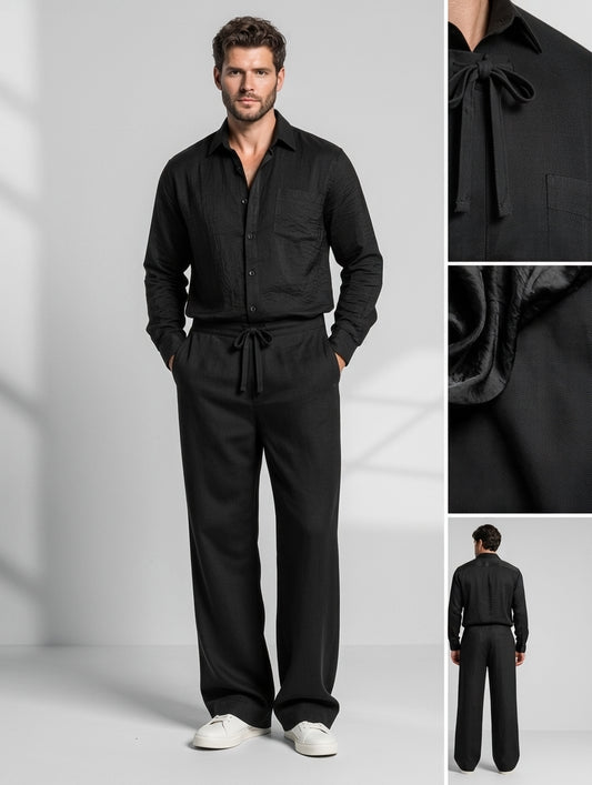A man modeling a black long-sleeve button-up shirt and matching wide-leg drawstring pants set, shown in a studio with inset close-up detail panels of the shirt collar, fabric texture, and back view.