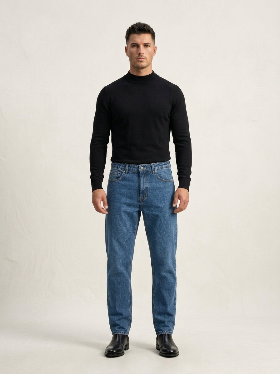 
Heritage Essential Straight Fit (89 AED)
• The Vibe: Clean, classic wardrobe foundation for everyday wear.
• The Cut: Standard tailored straight-leg fit that transitions easily from day to night.
• The Fabric: Smooth, un-distressed mid-blue denim accented with vintage-inspired contrast golden-brown stitching.
