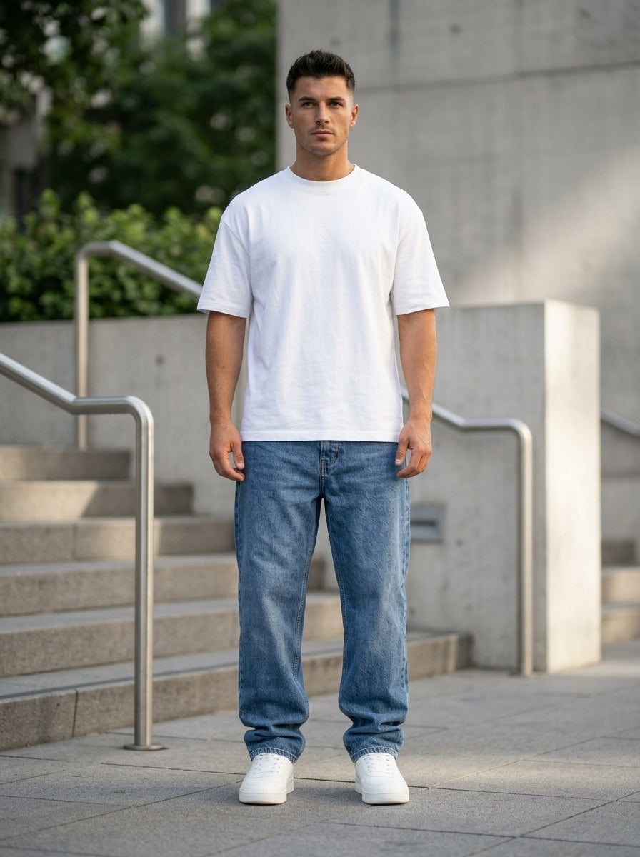 
 Retro Stonewash Baggy Fit (99 AED)
• The Vibe: Ultimate streetwear style with a relaxed, slouchy look.
• The Cut: Distinctly oversized with a stylish stack at the ankles.
• The Fabric: Premium heavy-weight 100% cotton denim in a classic mid-blue stonewash with an authentic slub texture grain.
