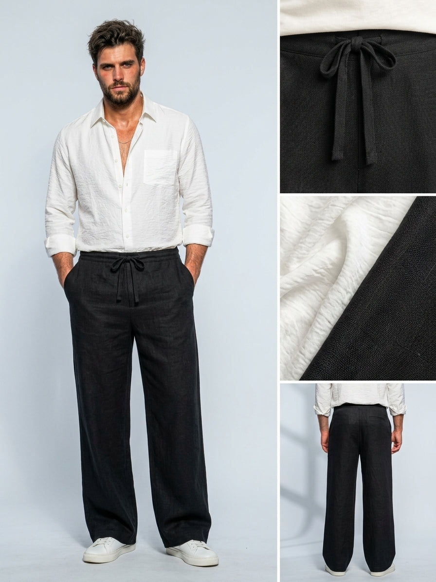 A man modeling black wide-leg drawstring trousers with a white linen shirt and white sneakers, shown against a light gray studio background with three detail inset panels highlighting the waistband, fabric texture, and back view.