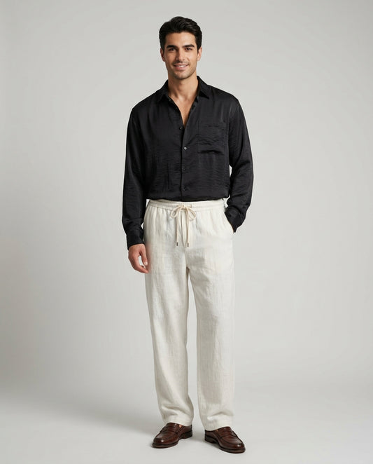 BUY ANY 2 SETS FOR JUST 167AED  SATIN CRINKLE SHIRT x PREMIUM LINEN VISCOSE TROUSERS