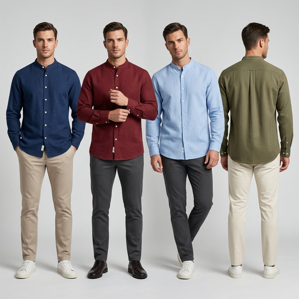 Get All 4 Colors for Only 249 AED! Premium Viscose-Linen Band Collar Shirt Collection