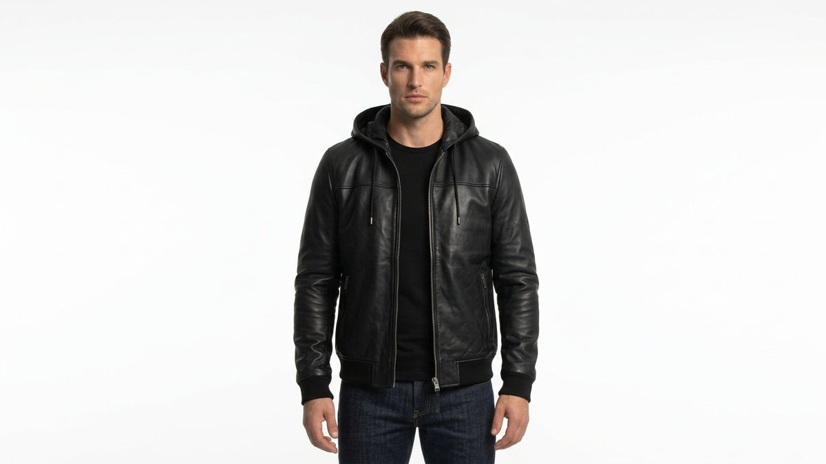 The Shadow Hooded Bomber (Stealth Black)  Premium Sheepskin