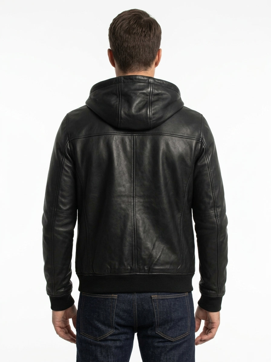 The Shadow Hooded Bomber (Stealth Black)  Premium Sheepskin