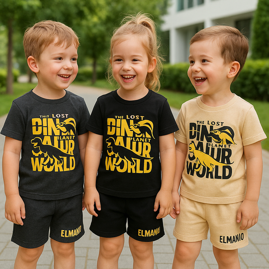Trendy Dino World Print Kids 2pcs Cool & Comfy Summer Outfits For Outdoor Activities